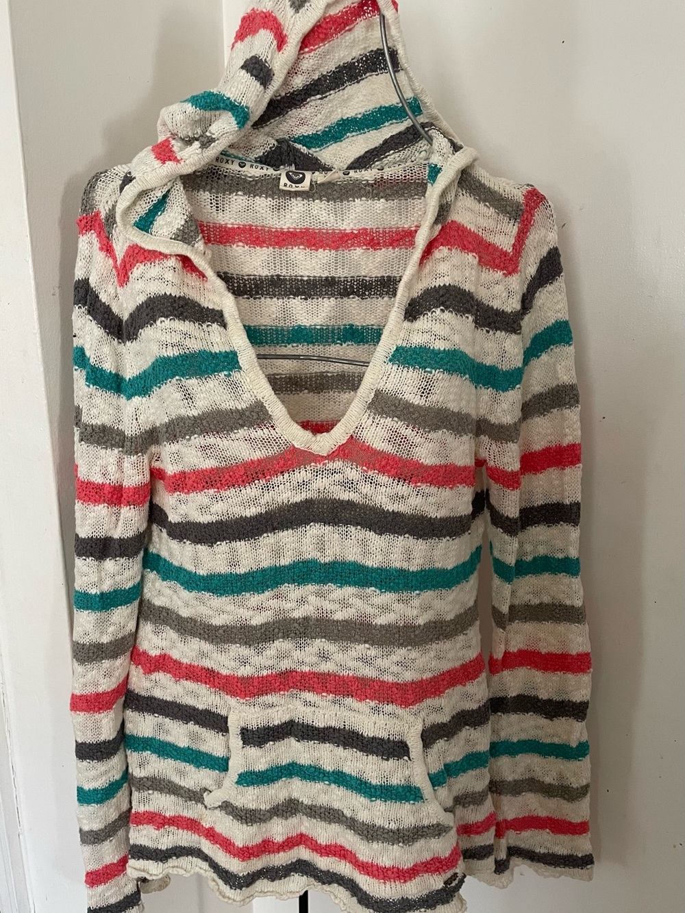 Roxy Striped Hooded V-Neck Sweater - Cream, Teal & Coral - Hoodie